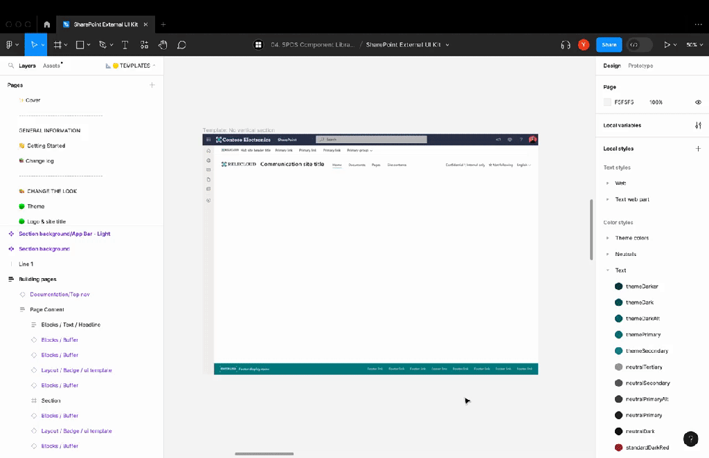 A preview of the SharePoint Web UI Kit inside Figma—clean, organized, and finally usable.