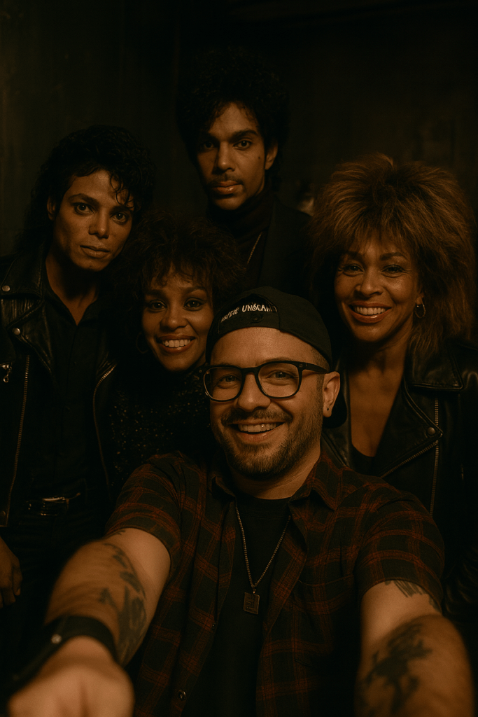 An AI-generated image of a high-angle vertical selfie in a dim, cluttered backstage room. Diego holds the camera, with Michael Jackson, Prince, Whitney Houston, and Tina Turner, each styled as in the 1980s. Warm bulb lighting, soft haze, authentic film grain, layered shoulders and jackets with natural overlap.