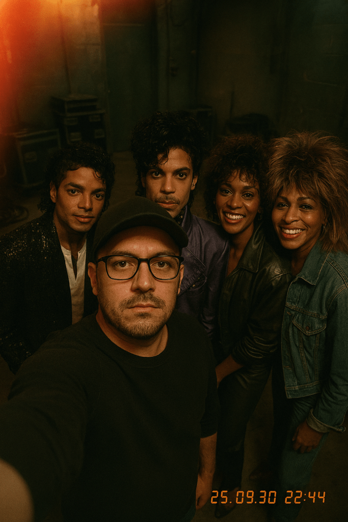 An AI-generated image of a high-angle vertical selfie in a dim, cluttered backstage room. Diego holds the camera, with Michael Jackson, Prince, Whitney Houston, and Tina Turner, each styled as in the 1980s. Warm bulb lighting, soft haze, authentic film grain, layered shoulders and jackets with natural overlap.