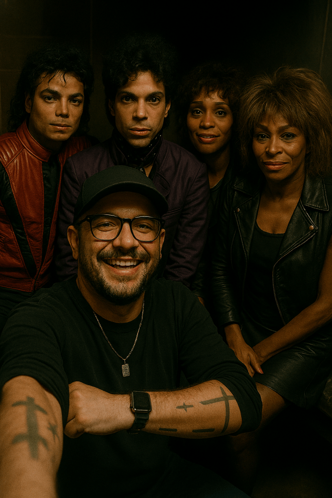 An AI-generated image of a high-angle vertical selfie in a dim, cluttered backstage room. Diego holds the camera, with Michael Jackson, Prince, Whitney Houston, and Tina Turner, each styled as in the 1980s. Warm bulb lighting, soft haze, authentic film grain, layered shoulders and jackets with natural overlap.