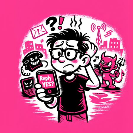 Rubber-hose style illustration of a confused tech professional holding a smartphone that asks “Reply YES?”, surrounded by magenta scam imagery, a mischievous devil with a phone, and warning icons, highlighting modern social-engineering scams and the importance of security awareness.