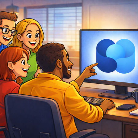 Cartoon-style illustration of four coworkers gathered around a desk, smiling and pointing at a computer screen displaying the Viva Engage logo, with each person wearing a different colored shirt inspired by Microsoft’s brand colors.