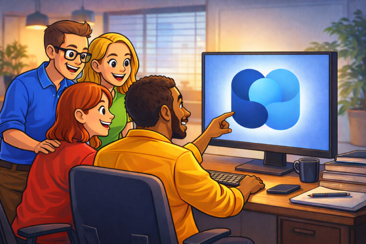 Cartoon-style illustration of four coworkers gathered around a desk, smiling and pointing at a computer screen displaying the Viva Engage logo, with each person wearing a different colored shirt inspired by Microsoft’s brand colors.