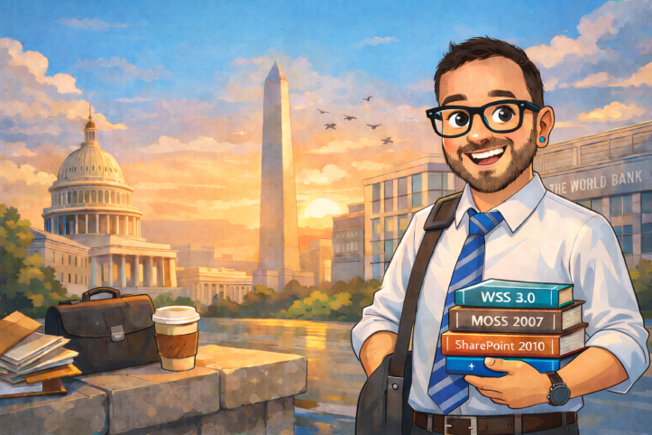 Cartoon illustration of a smiling consultant in a suit and tie standing by the water in Washington, DC at sunset, holding a stack of SharePoint books, with the US Capitol, Washington Monument, and World Bank buildings in the background, representing the early days and long journey of SharePoint.