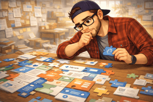 Illustration of a thoughtful consultant holding a single puzzle piece while studying a table covered with puzzle pieces shaped like SharePoint web parts, representing deliberate page design.