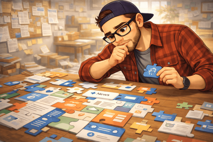 Illustration of a thoughtful consultant holding a single puzzle piece while studying a table covered with puzzle pieces shaped like SharePoint web parts, representing deliberate page design.