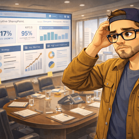 Illustration of a thoughtful consultant standing in an executive boardroom, looking at a large SharePoint dashboard filled with charts and metrics, conveying uncertainty about its usefulness for everyday work.