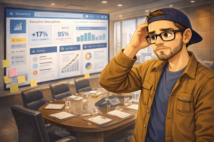 Illustration of a thoughtful consultant standing in an executive boardroom, looking at a large SharePoint dashboard filled with charts and metrics, conveying uncertainty about its usefulness for everyday work.
