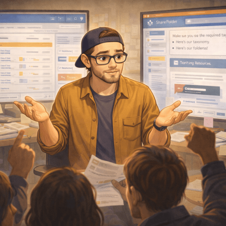 Illustration of a consultant wearing a cap and glasses, standing in front of multiple SharePoint screens while a group of frustrated users surround him, gesturing and asking questions, representing tension between system design and user experience.