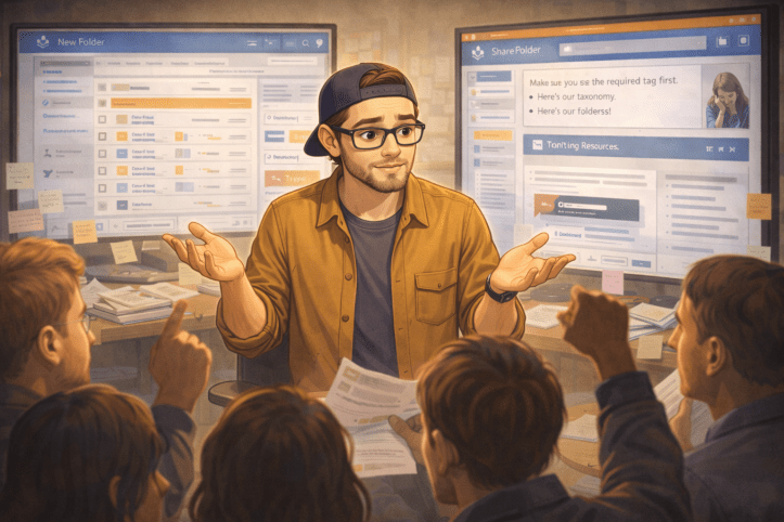 Illustration of a consultant wearing a cap and glasses, standing in front of multiple SharePoint screens while a group of frustrated users surround him, gesturing and asking questions, representing tension between system design and user experience.
