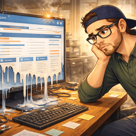 Illustration of a frustrated consultant wearing a cap and green shirt, staring at a computer monitor where a SharePoint website appears to be melting, symbolizing the breakdown caused by excessive customization.