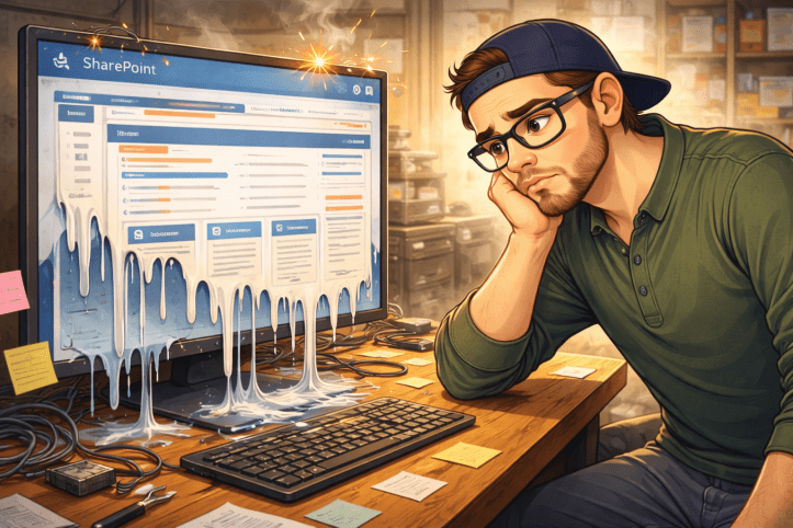 Illustration of a frustrated consultant wearing a cap and green shirt, staring at a computer monitor where a SharePoint website appears to be melting, symbolizing the breakdown caused by excessive customization.