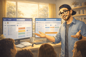 Illustration of a consultant in a cozy home office lit by soft daylight from a side window, calmly working at a desk with collaboration tools on screen, showing an integrated, balanced workspace without branding or logos.