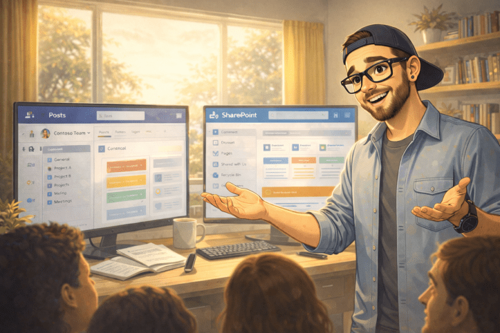 Illustration of a consultant in a cozy home office lit by soft daylight from a side window, calmly working at a desk with collaboration tools on screen, showing an integrated, balanced workspace without branding or logos.