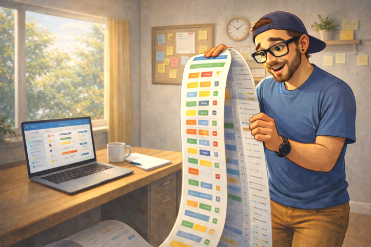 Illustration of a man standing in a sunlit home office, smiling as he reviews a long scrolling SharePoint list while holding a coffee mug. A laptop and notepad sit on the desk, with simple wall decorations behind him.