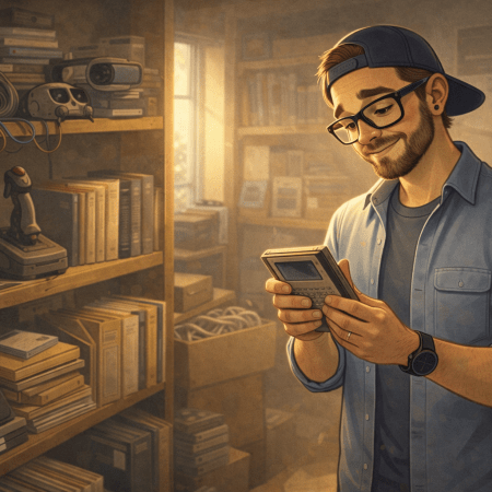 Illustration of a consultant standing in a sunlit archive-like room surrounded by dusty, obsolete technology and old manuals, holding a legacy device thoughtfully with a nostalgic half-smile.
