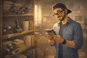 Illustration of a consultant standing in a sunlit archive-like room surrounded by dusty, obsolete technology and old manuals, holding a legacy device thoughtfully with a nostalgic half-smile.