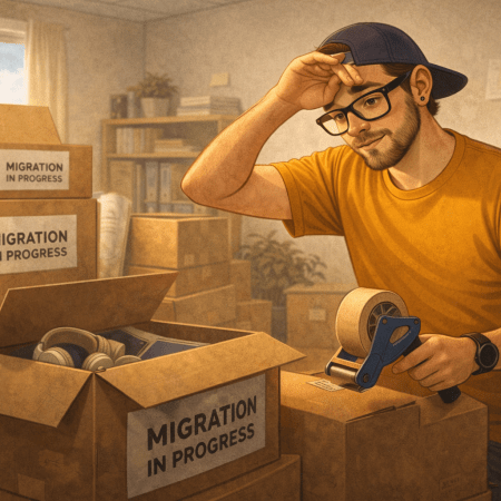 Illustration of a consultant in a room filled with moving boxes, pausing to wipe sweat from his forehead, conveying the emotional weight and effort of a SharePoint migration.