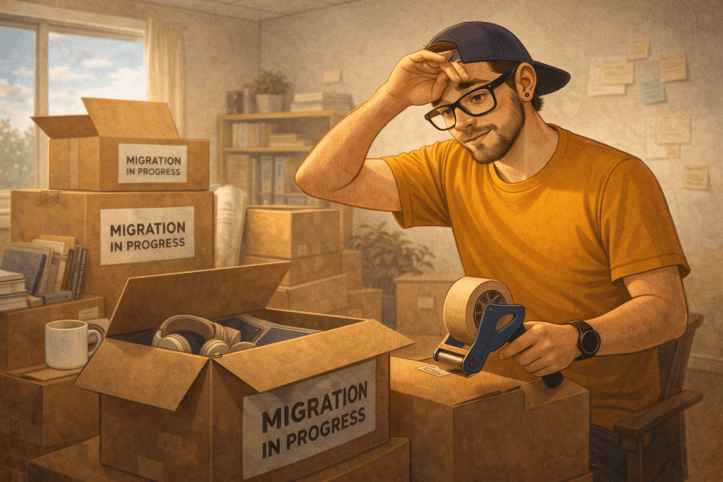 Illustration of a consultant in a room filled with moving boxes, pausing to wipe sweat from his forehead, conveying the emotional weight and effort of a SharePoint migration.