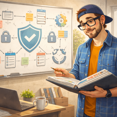 Illustration of a consultant standing calmly in a modern workspace, thoughtfully reviewing an organized set of folders and documents, conveying balance and intention rather than restriction.