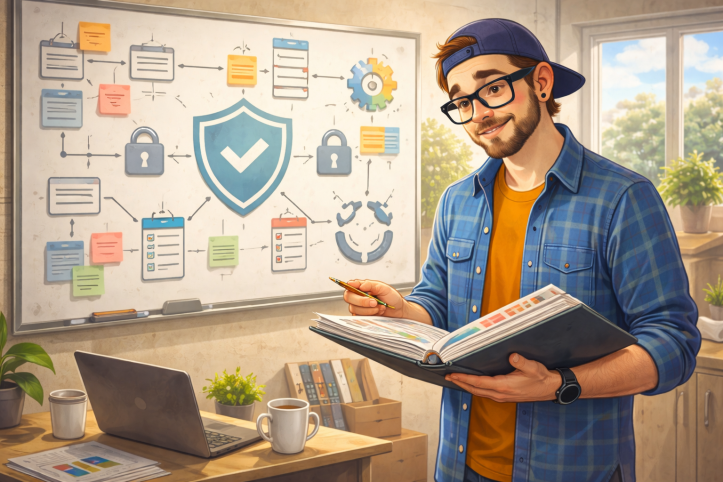 Illustration of a consultant standing calmly in a modern workspace, thoughtfully reviewing an organized set of folders and documents, conveying balance and intention rather than restriction.