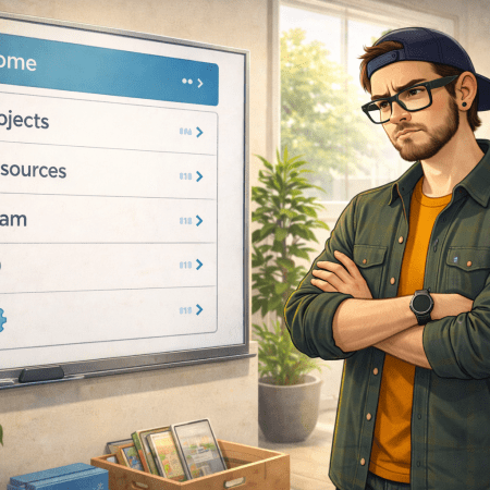 Illustration of a consultant standing with arms crossed in front of a large navigation interface, studying it with a serious, unimpressed expression in a modern workspace.