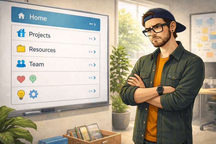 Illustration of a consultant standing with arms crossed in front of a large navigation interface, studying it with a serious, unimpressed expression in a modern workspace.