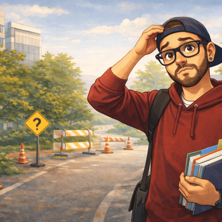 Illustrated scene of a confused consultant standing on a blocked path in an office park, scratching his head while holding folders, with construction barriers ahead, representing confusion and unmet expectations.