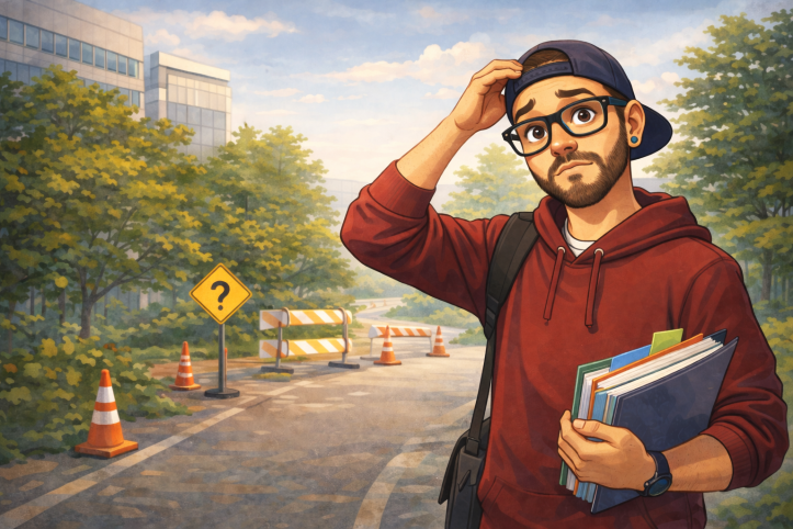 Illustrated scene of a confused consultant standing on a blocked path in an office park, scratching his head while holding folders, with construction barriers ahead, representing confusion and unmet expectations.