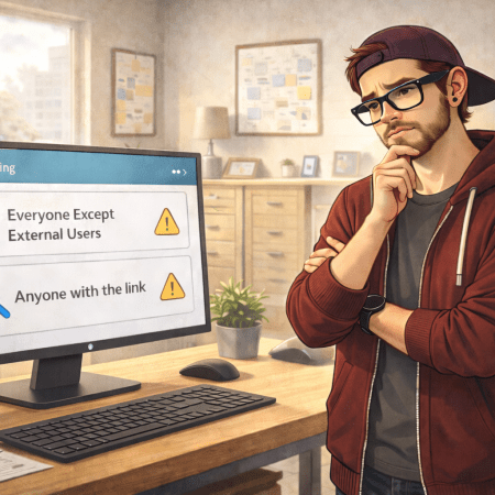 Illustration of a man in a modern office standing thoughtfully in front of a desktop monitor, one hand on his chin, evaluating what’s on screen with a serious expression.