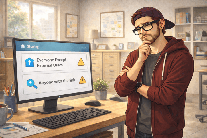 Illustration of a man in a modern office standing thoughtfully in front of a desktop monitor, one hand on his chin, evaluating what’s on screen with a serious expression.
