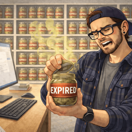 Illustration of a SharePoint consultant in an office opening a jar labeled “expired” with a disgusted expression, while shelves behind him are filled with more expired jars and a computer sits on the desk in front of him.
