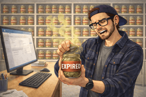 Illustration of a SharePoint consultant in an office opening a jar labeled “expired” with a disgusted expression, while shelves behind him are filled with more expired jars and a computer sits on the desk in front of him.
