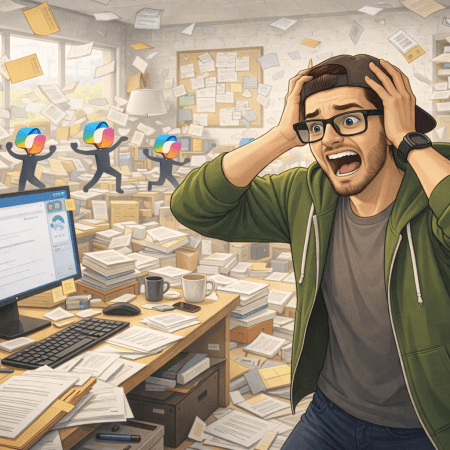 Illustration of a panicked man in a messy office with hands on his head while small stick figures with colorful Copilot-style ribbon logos as heads scatter documents around the room, including in front of a computer monitor.