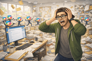 Illustration of a panicked man in a messy office with hands on his head while small stick figures with colorful Copilot-style ribbon logos as heads scatter documents around the room, including in front of a computer monitor.