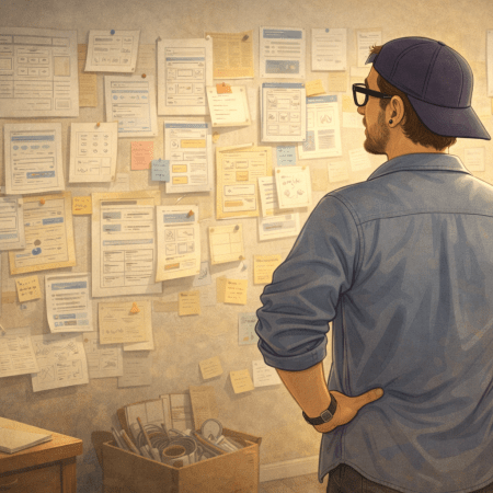 Illustration of a man sitting in an office chair in a warm, sunlit office, holding a coffee mug with a SharePoint-style logo, smiling thoughtfully while looking slightly off to the side.