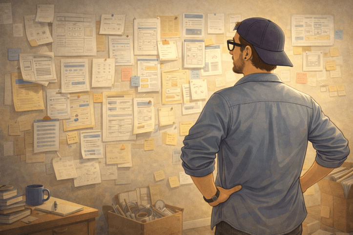 Illustration of a man sitting in an office chair in a warm, sunlit office, holding a coffee mug with a SharePoint-style logo, smiling thoughtfully while looking slightly off to the side.