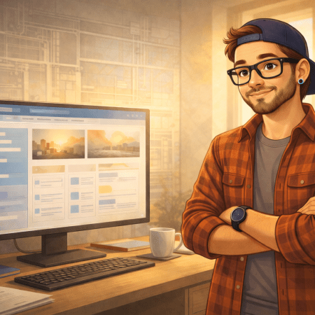 Illustration of a man standing confidently in a warm, sunlit office beside a desk with a monitor displaying a clean SharePoint page layout, arms crossed and wearing a flannel shirt, backward navy cap, black glasses, and subtle blue stud earrings.