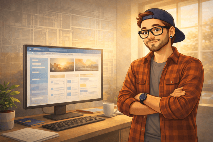 Illustration of a man standing confidently in a warm, sunlit office beside a desk with a monitor displaying a clean SharePoint page layout, arms crossed and wearing a flannel shirt, backward navy cap, black glasses, and subtle blue stud earrings.