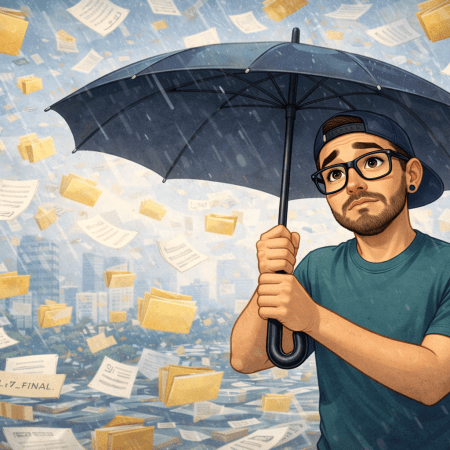 Illustration of a concerned consultant holding an umbrella with both hands as folders and loose files rain down around him, symbolizing disorganized document libraries and information chaos.