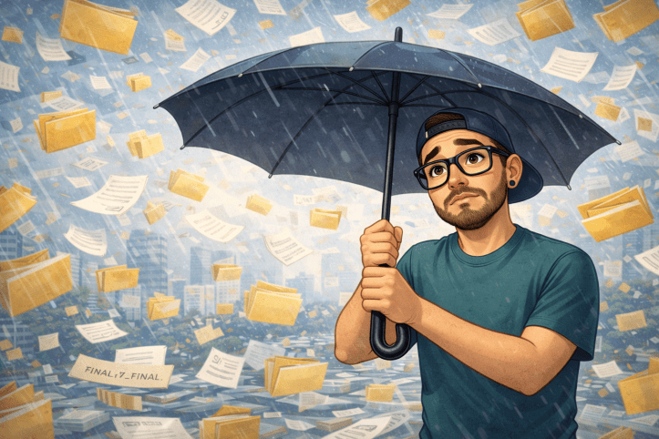 Illustration of a concerned consultant holding an umbrella with both hands as folders and loose files rain down around him, symbolizing disorganized document libraries and information chaos.