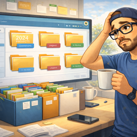 Illustration of a consultant holding a coffee mug while scratching his head and looking at a computer screen filled with neatly organized folders, representing reflection on how content is structured rather than the tools themselves.