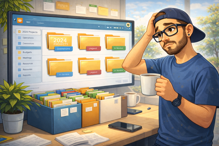 Illustration of a consultant holding a coffee mug while scratching his head and looking at a computer screen filled with neatly organized folders, representing reflection on how content is structured rather than the tools themselves.