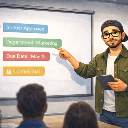 Illustration of a smiling presenter in a conference room, pointing at metadata tags projected on a screen while engaging an audience, representing thoughtful and approachable guidance on using metadata.