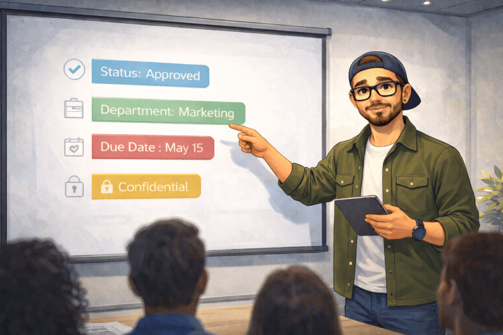 Illustration of a smiling presenter in a conference room, pointing at metadata tags projected on a screen while engaging an audience, representing thoughtful and approachable guidance on using metadata.