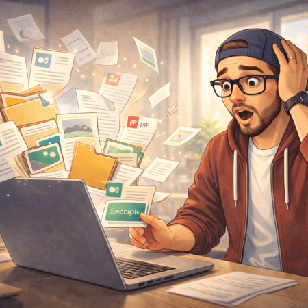Illustration of a surprised man sitting at a laptop as files and folders burst out of the screen, representing unexpected changes and recoverable mistakes through version history.