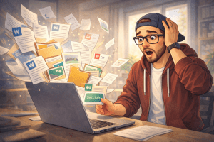 Illustration of a surprised man sitting at a laptop as files and folders burst out of the screen, representing unexpected changes and recoverable mistakes through version history.