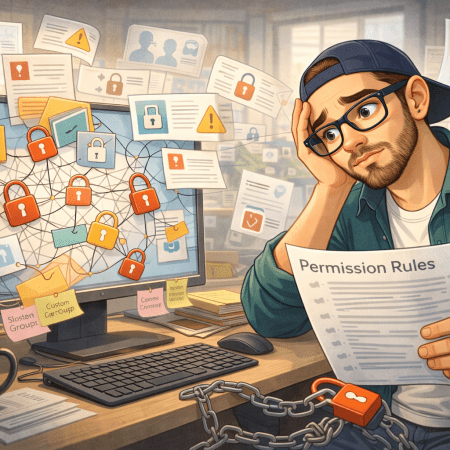 Illustration of a frustrated consultant at a desk reviewing permission rules while facing a screen full of tangled locks, warnings, and broken access paths, representing overly complex SharePoint permissions.