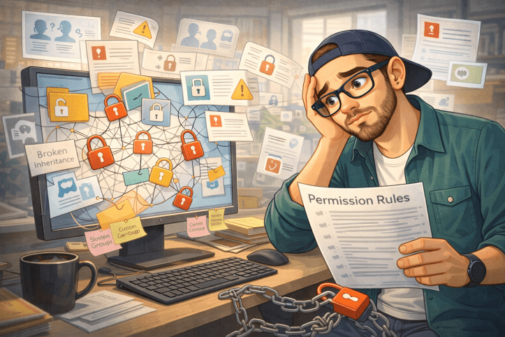 Illustration of a frustrated consultant at a desk reviewing permission rules while facing a screen full of tangled locks, warnings, and broken access paths, representing overly complex SharePoint permissions.
