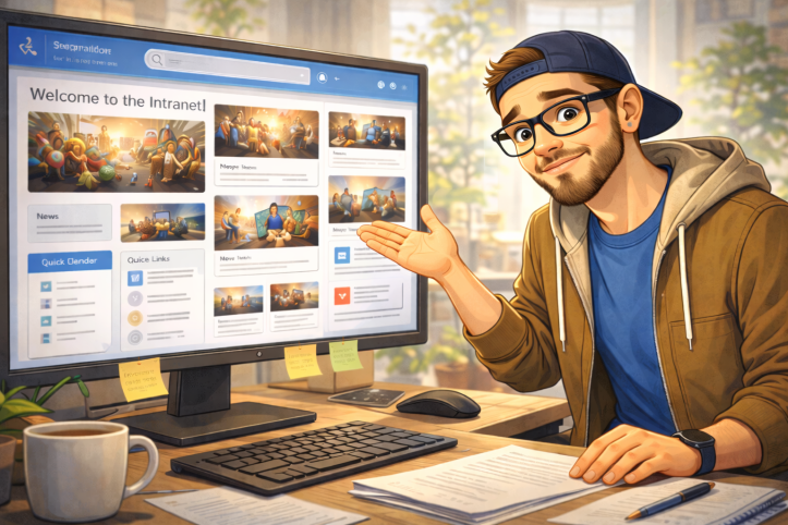 Illustration of a relaxed consultant seated at a desk, calmly gesturing toward a SharePoint homepage on a computer screen, with a focused and approachable expression in a bright office setting.